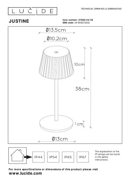 Lucide JUSTINE - Lampe de table Intérieur/Extérieur Rechargeable - Batterie/Piles - LED Dim. - 1x2W 2700K - IP54 - Avec station de charge sans fil - Crème - TECHNISCH